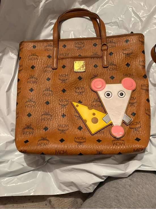 MCM Handbags - MCM Cognac Year of the mouse Visetos Tote with Yellow Cheese & Pink Mouse Patch